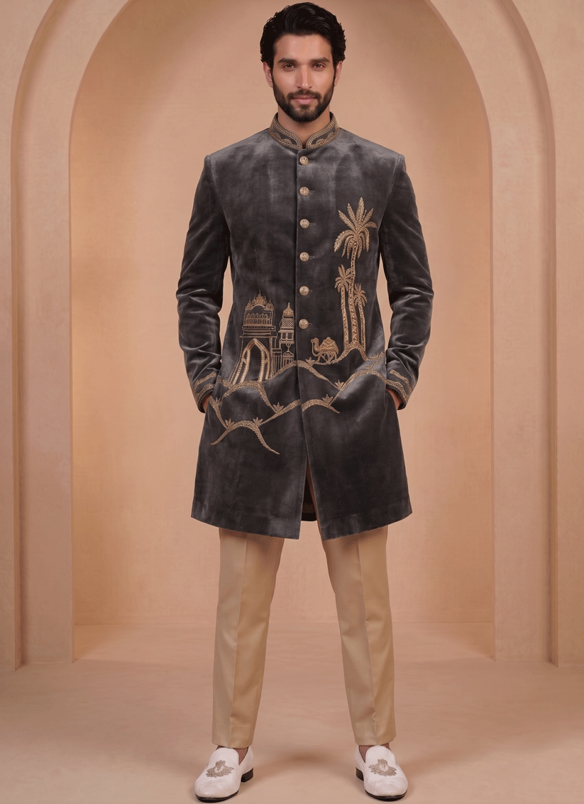 Slate Grey Velvet Ready Made Indo Western