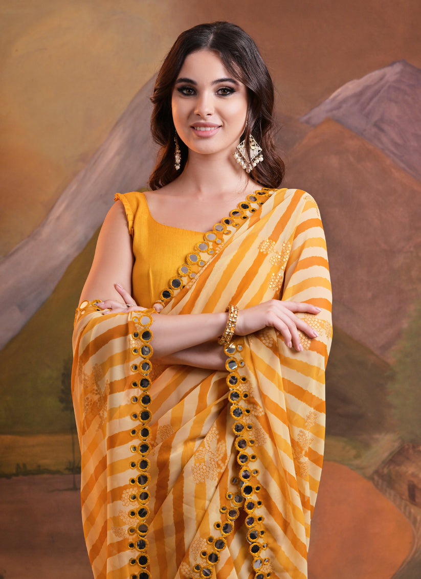 Multicolor Georgette Leheriya Print Embellished Saree