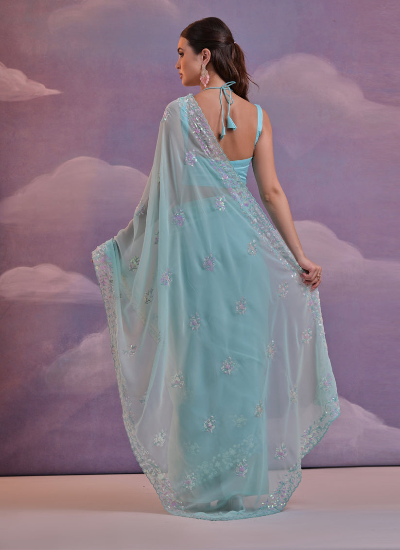 Sky Blue Georgette Embroidered Saree For Festival