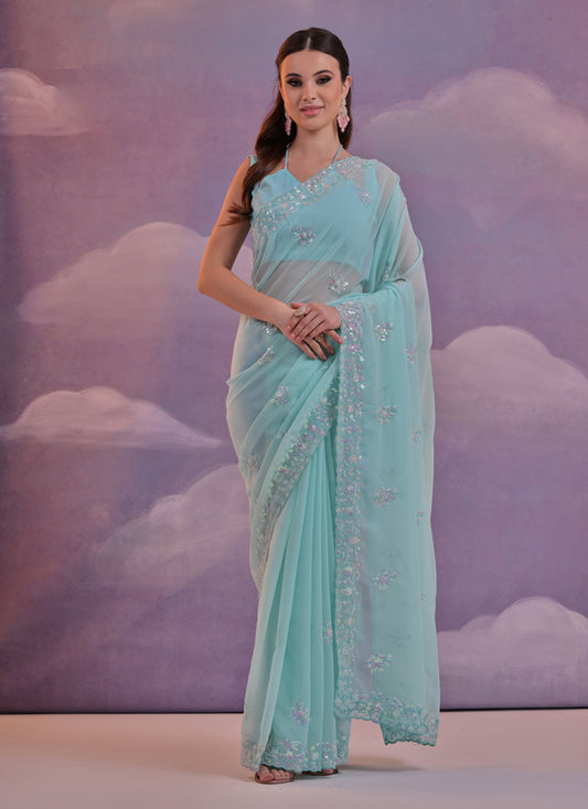 Sky Blue Georgette Embroidered Saree For Festival