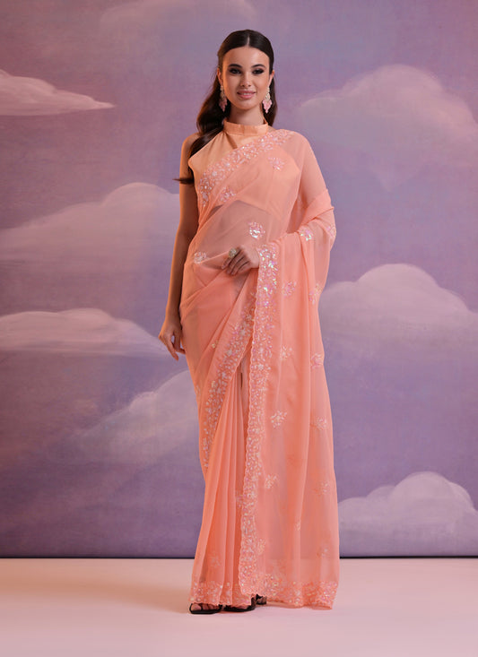 Salmon Orange Georgette Embroidered Saree For Festival