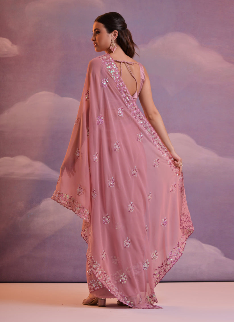 Old Rose Pink Georgette Embroidered Saree For Festival