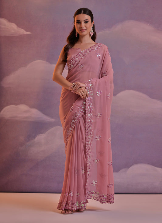 Old Rose Pink Georgette Embroidered Saree For Festival