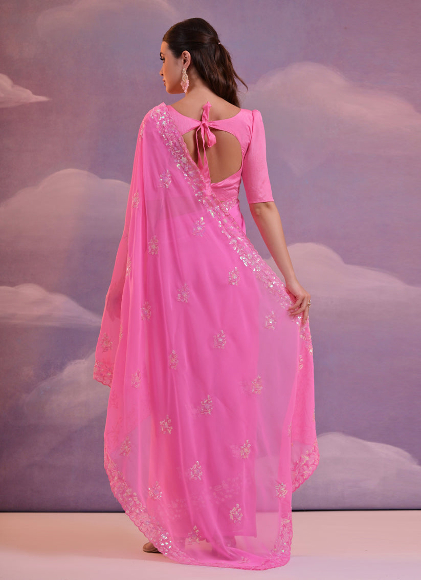 Neon Pink Georgette Embroidered Saree For Festival