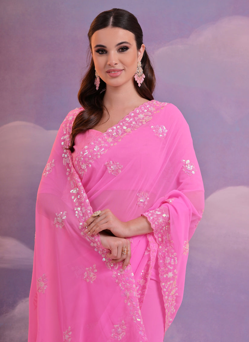 Neon Pink Georgette Embroidered Saree For Festival