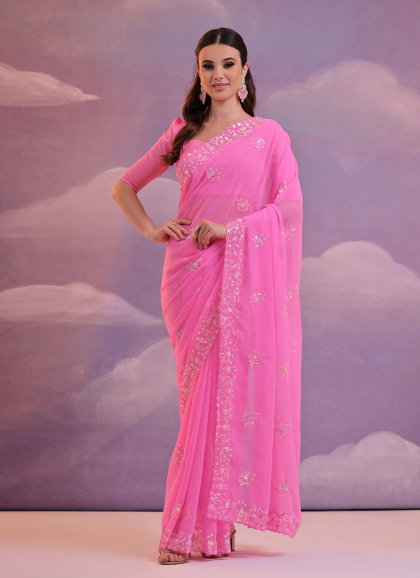 Neon Pink Georgette Embroidered Saree For Festival