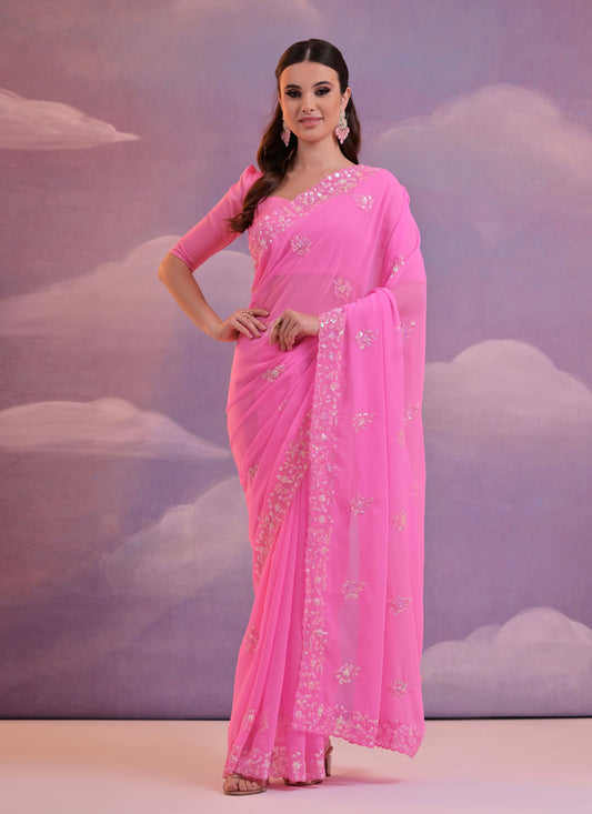 Neon Pink Georgette Embroidered Saree For Festival