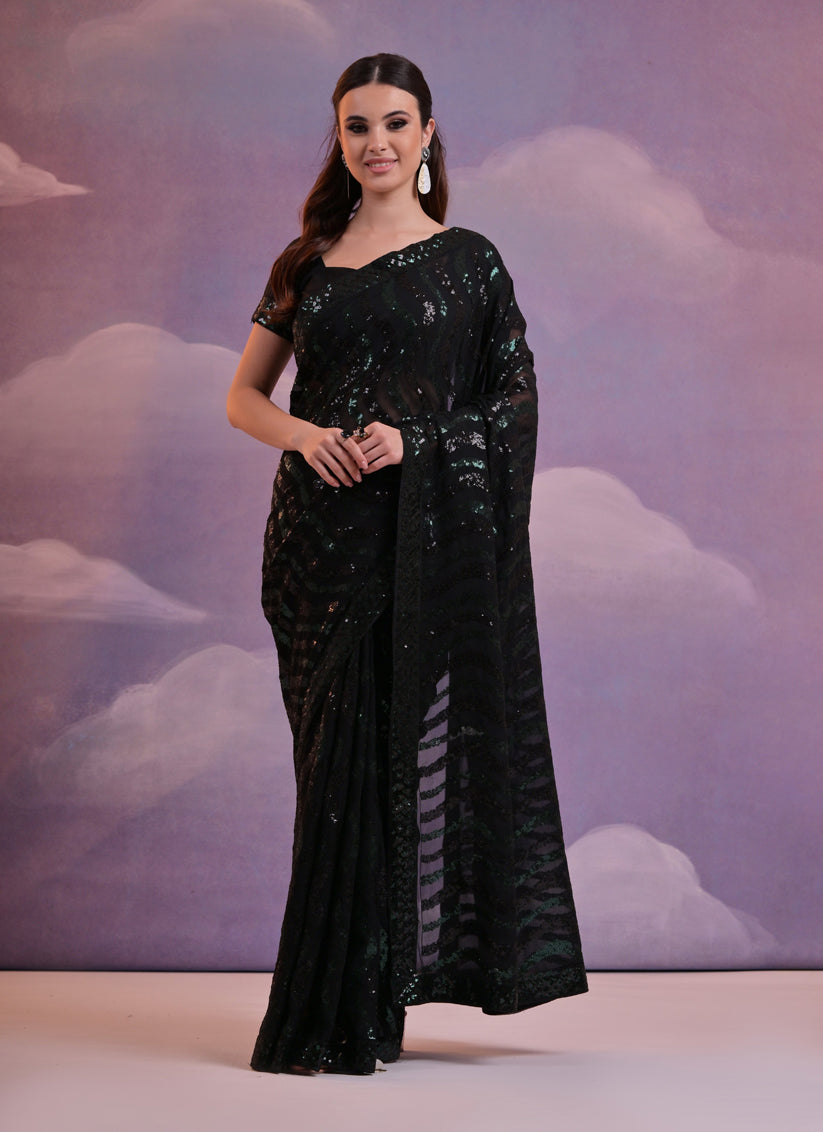 Black Georgette Sequined Party Wear Saree