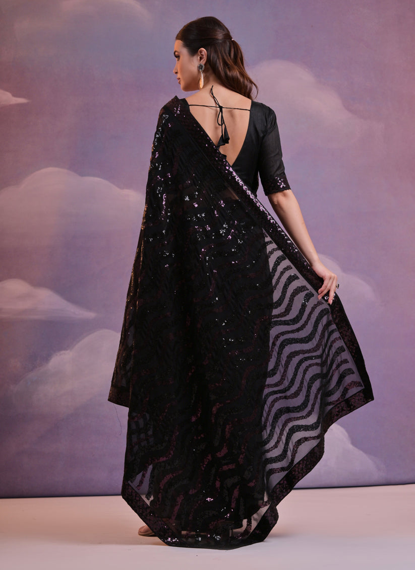 Black Georgette Sequined Party Wear Saree