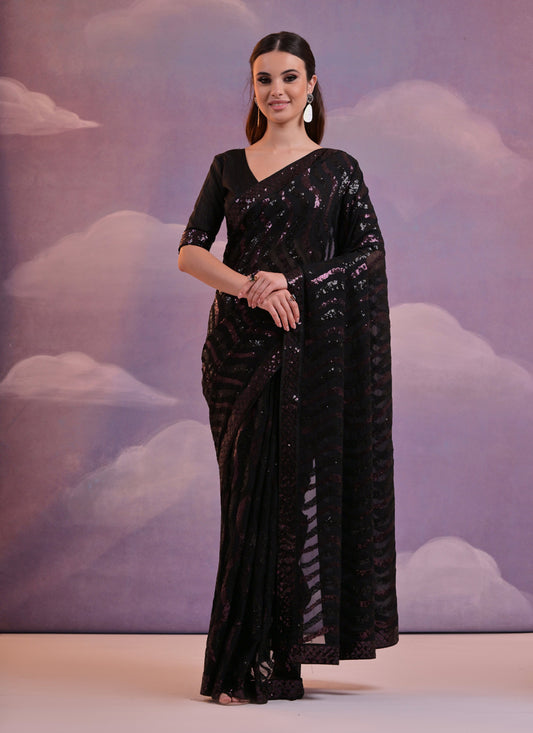 Black Georgette Sequined Party Wear Saree