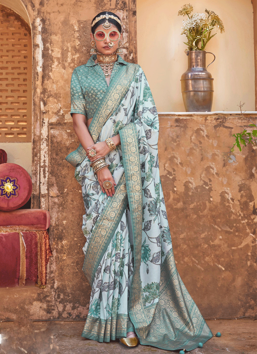 Ice Blue Floral Printed Designer Silk Saree