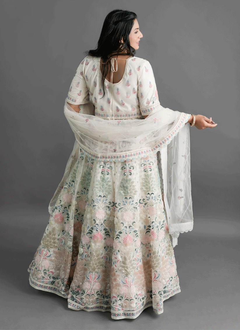 Ivory Net Heavy Thread Embroidered   Designer Lehenga Choli