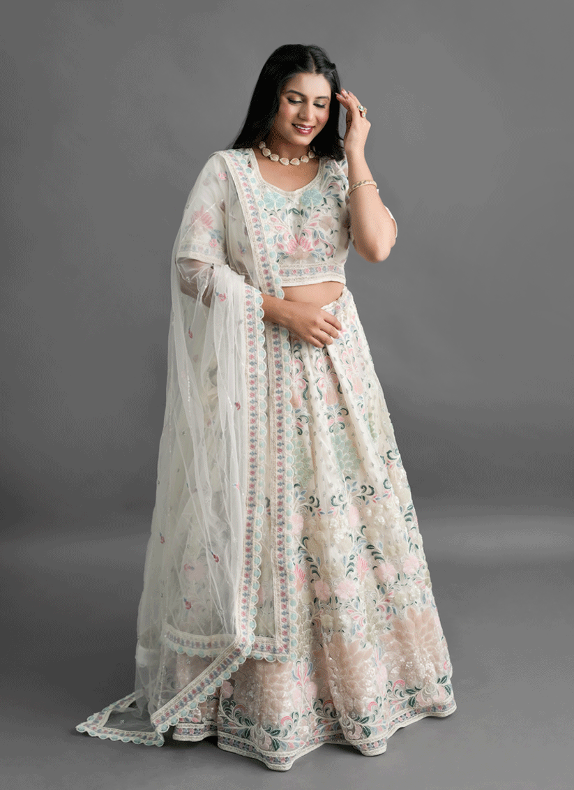 Ivory Net Heavy Thread Embroidered   Designer Lehenga Choli
