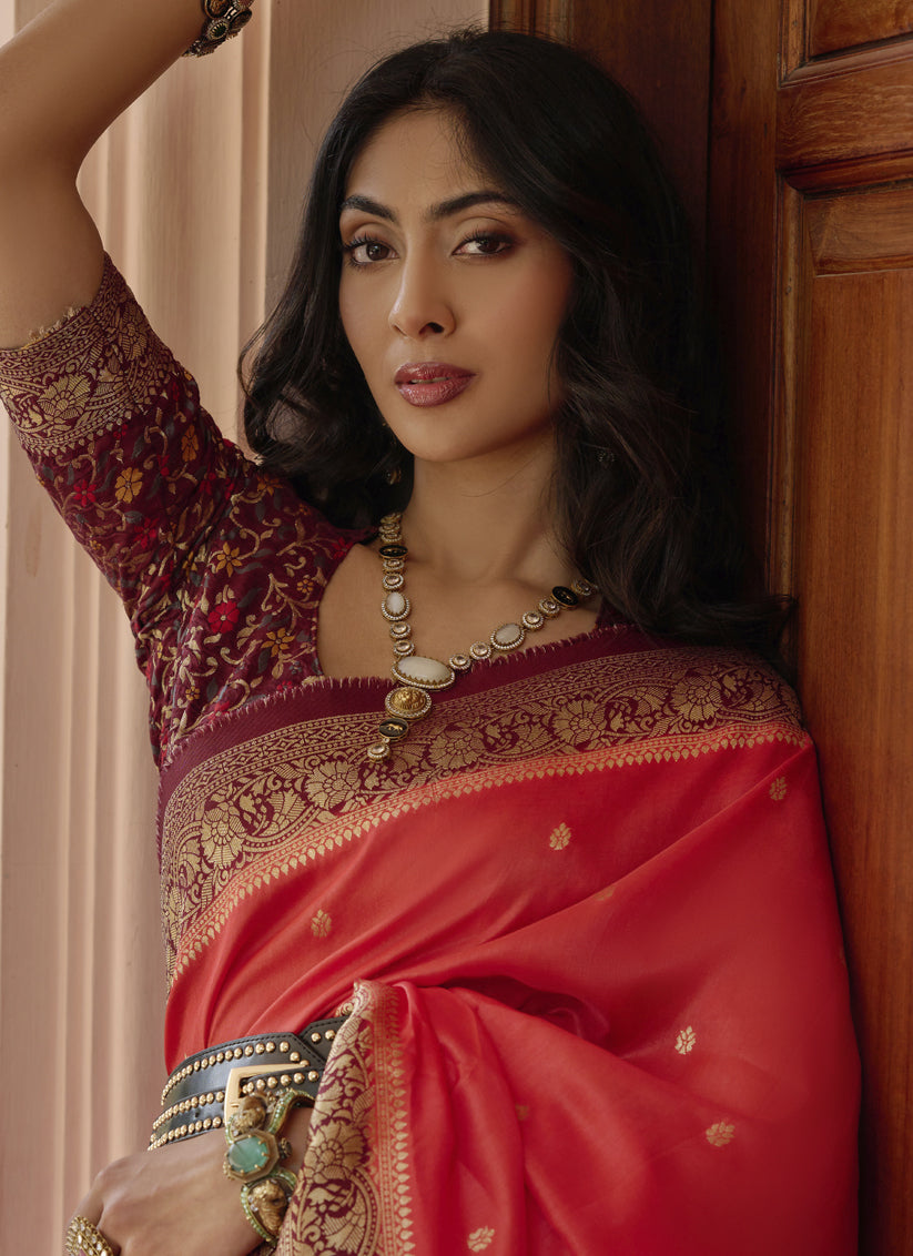 Salmon Red Viscose Woven Designer Saree