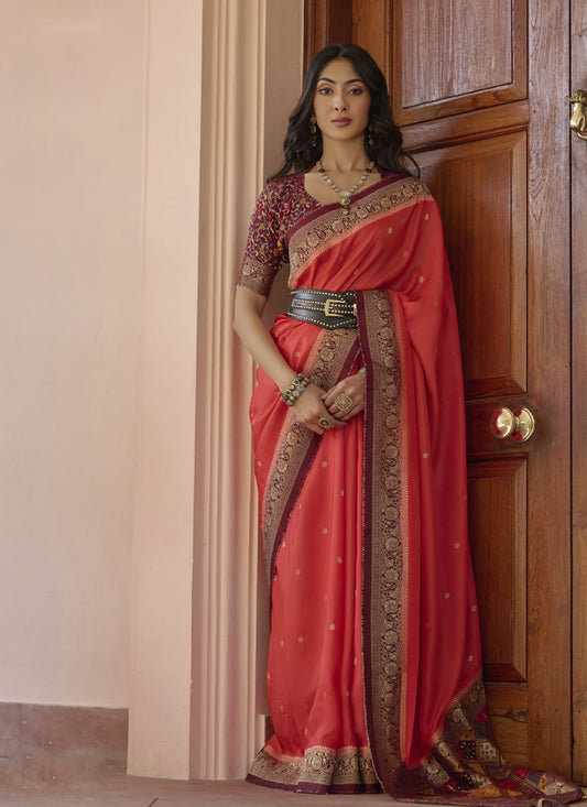 Salmon Red Viscose Woven Designer Saree