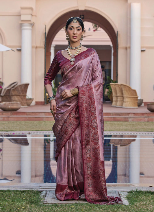 Dusty Pink Woven Satin Saree for Wedding