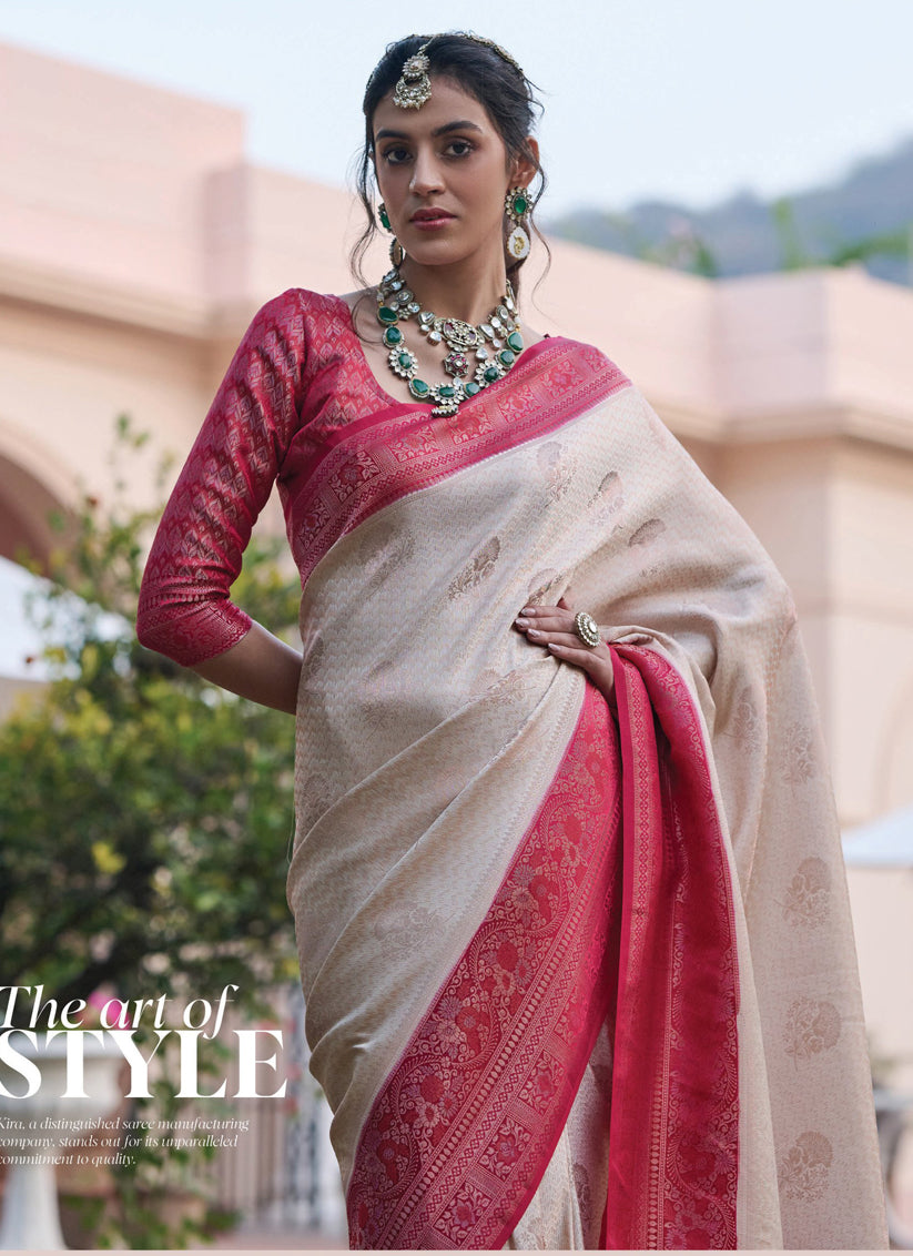 Ivory Woven Satin Saree for Wedding