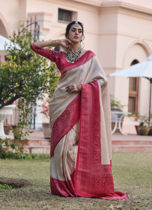 Ivory Woven Satin Saree for Wedding