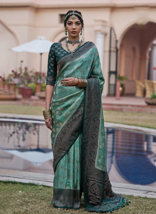 Turquoise Woven Satin Saree for Wedding