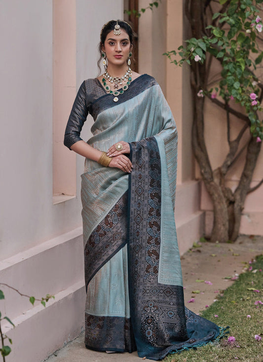 Ice Blue Woven Satin Saree for Wedding