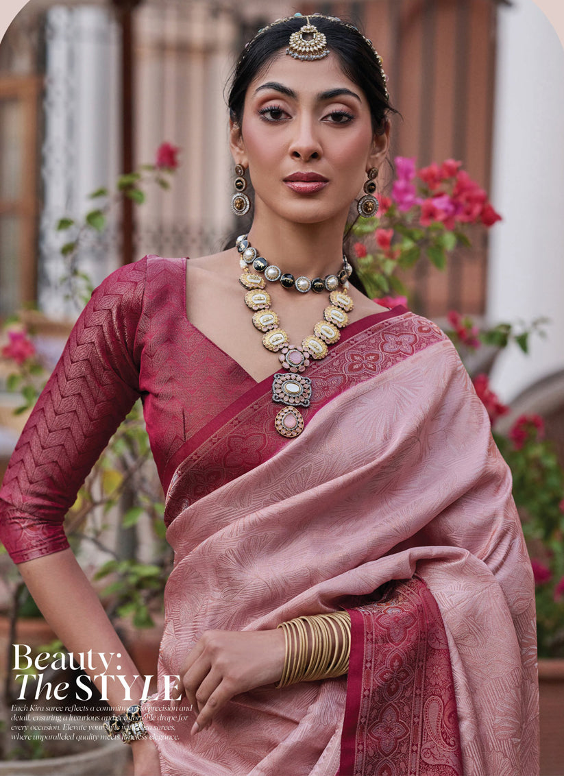 Blush Pink Woven Satin Saree for Wedding