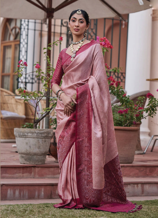 Blush Pink Woven Satin Saree for Wedding