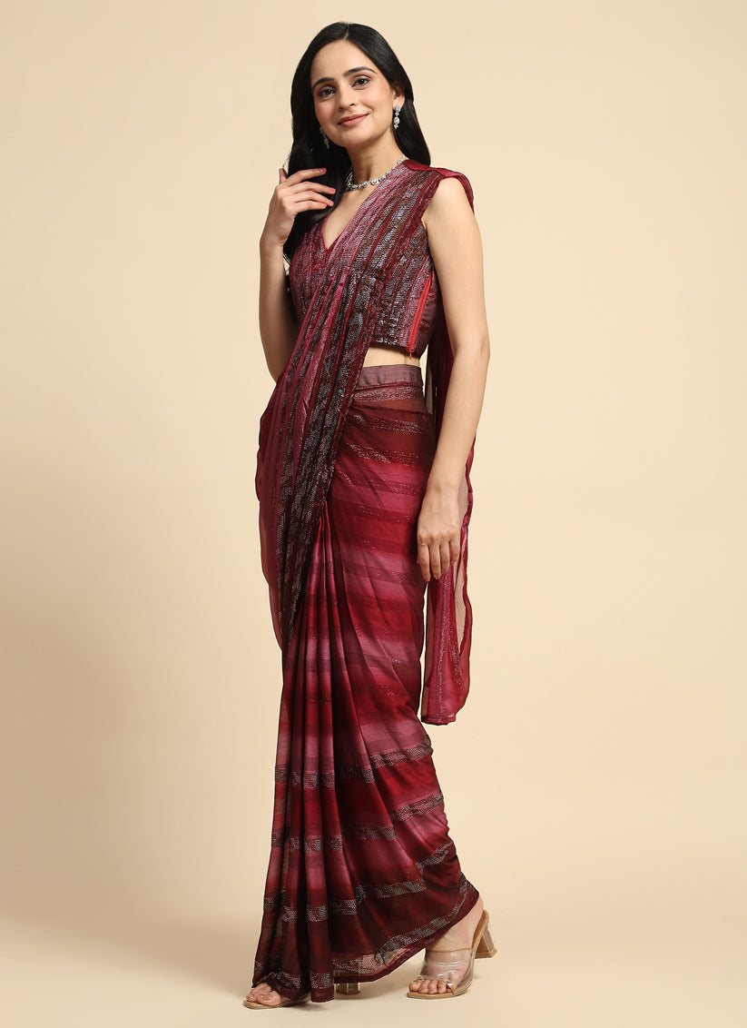 Maroon Satin Silk Designer Ready to Wear Saree