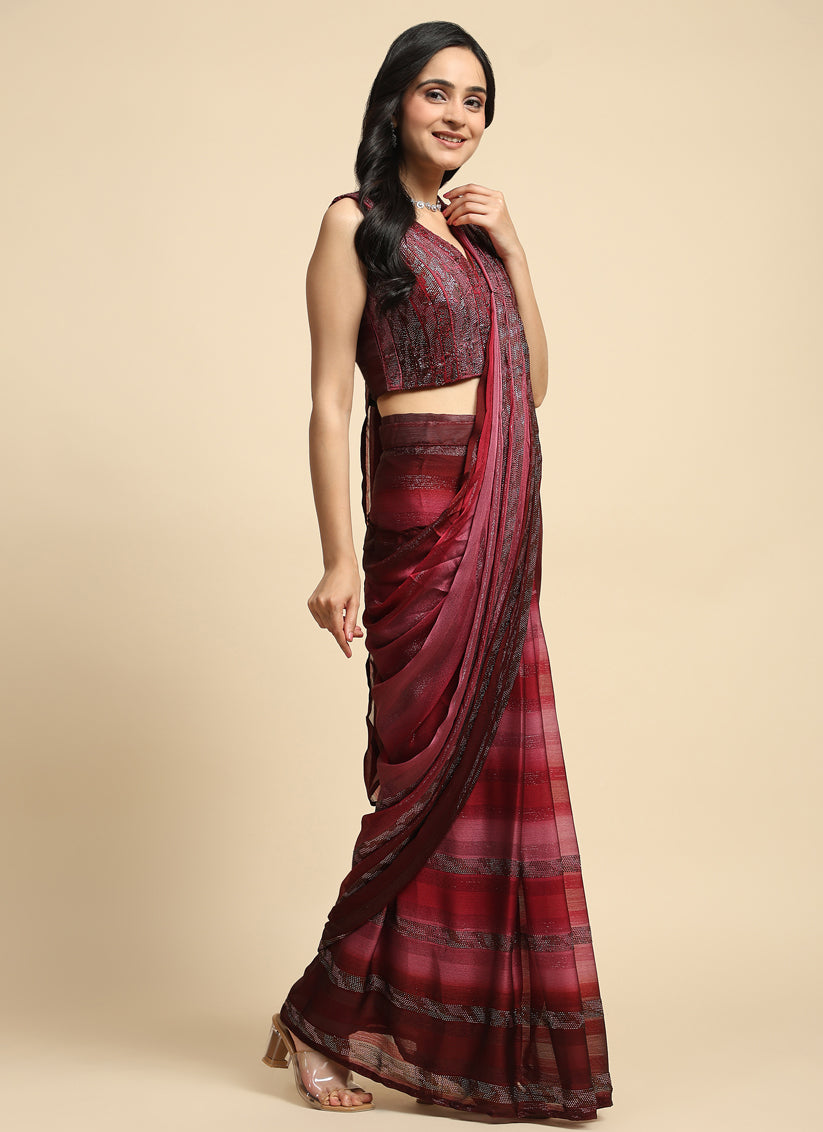 Maroon Satin Silk Designer Ready to Wear Saree