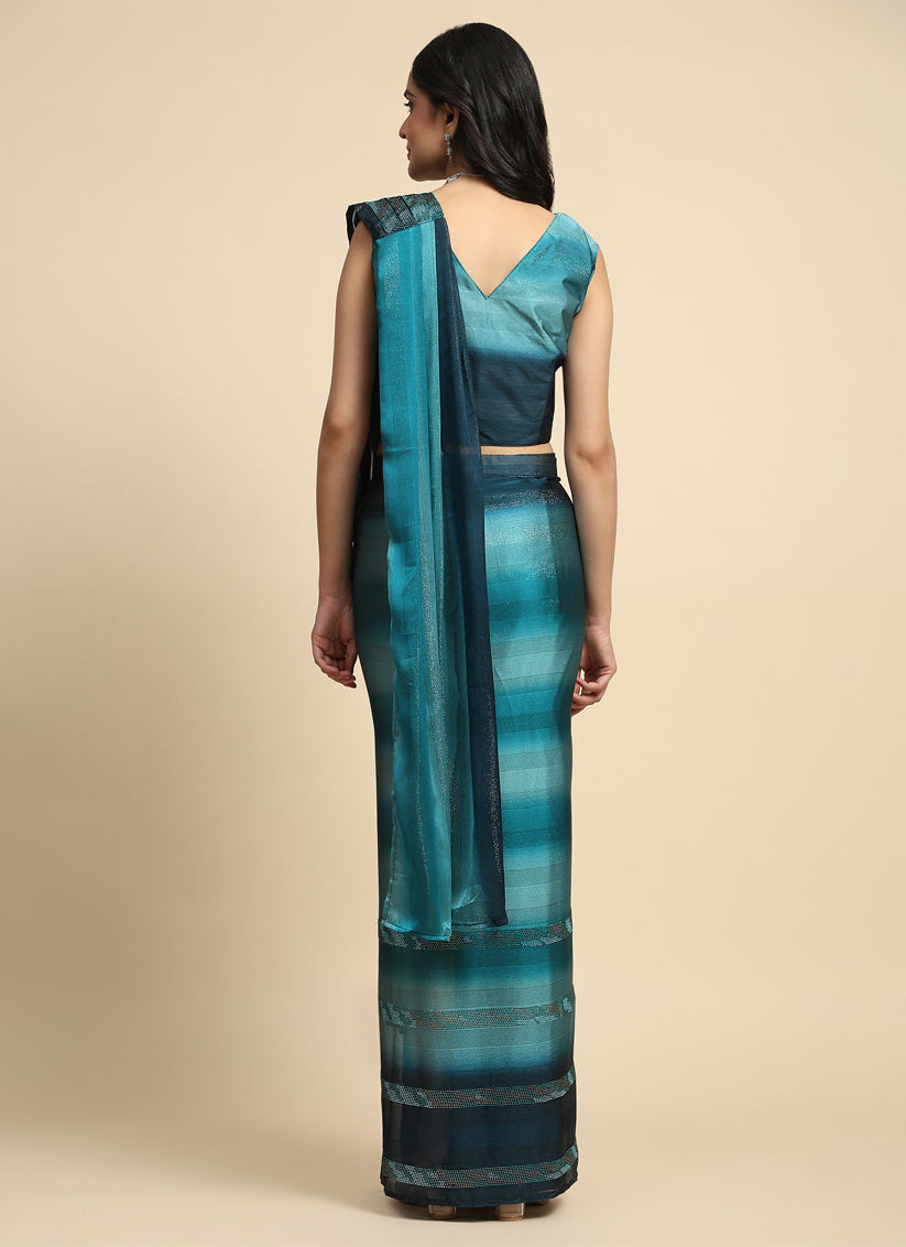 Teal Blue Satin Silk Designer Ready to Wear Saree