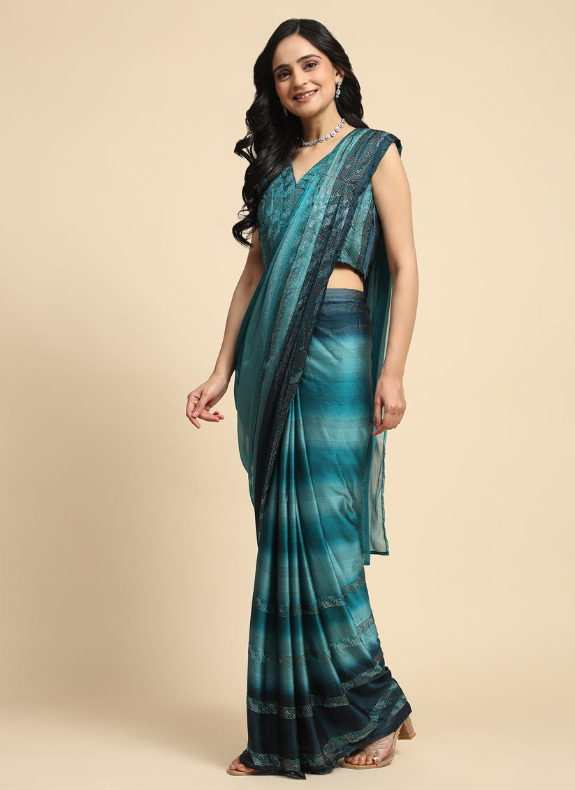 Teal Blue Satin Silk Designer Ready to Wear Saree