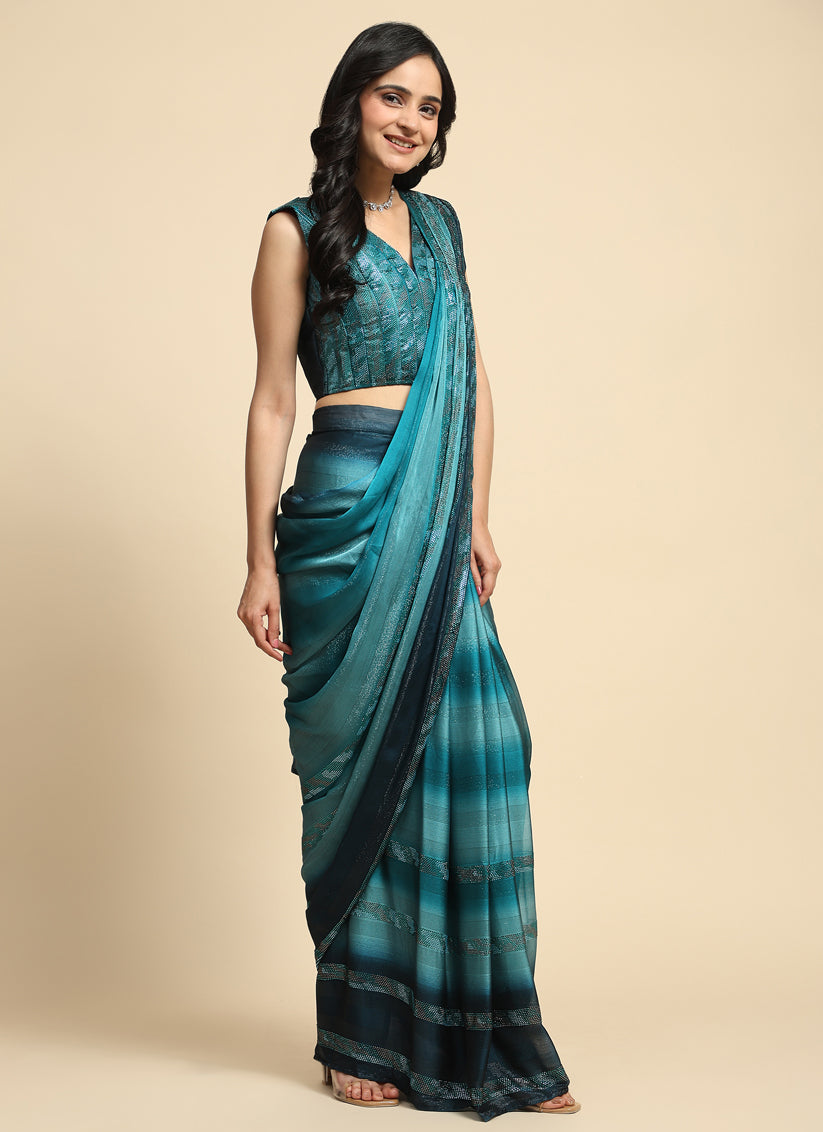 Teal Blue Satin Silk Designer Ready to Wear Saree