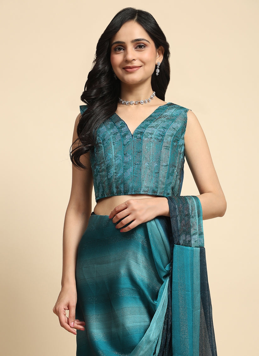 Teal Blue Satin Silk Designer Ready to Wear Saree