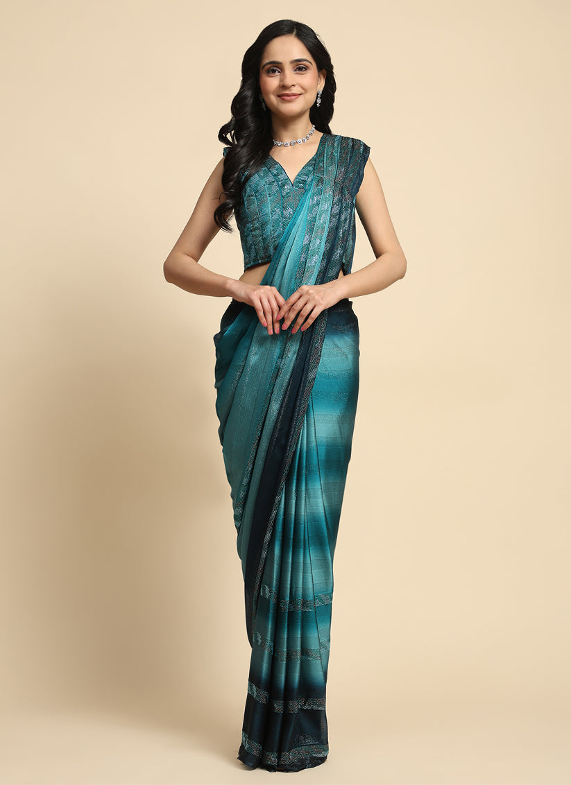 Teal Blue Satin Silk Designer Ready to Wear Saree