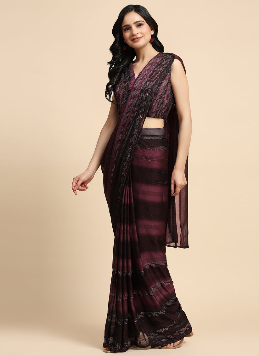 Burgundy Satin Silk Designer Ready to Wear Saree