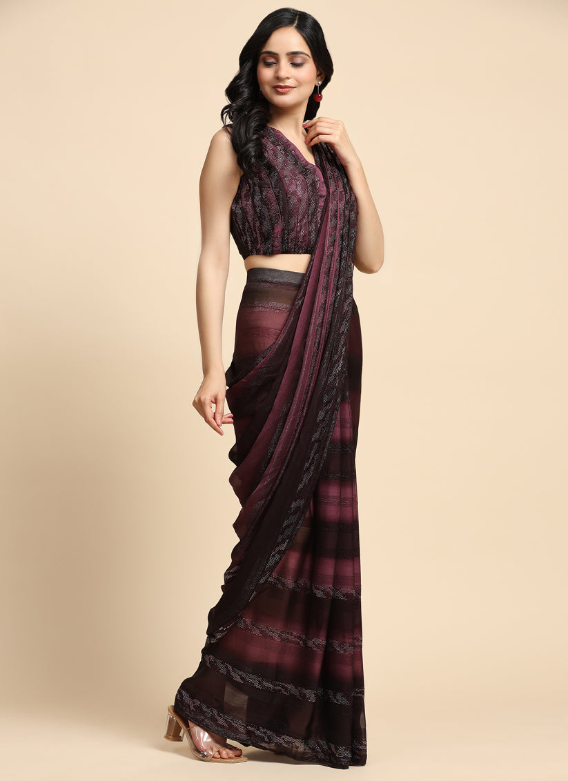 Burgundy Satin Silk Designer Ready to Wear Saree