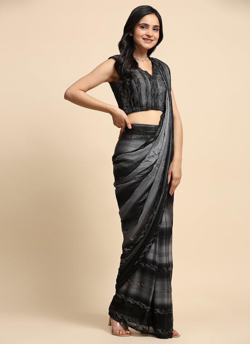 Slate Grey Satin Silk Designer Ready to Wear Saree