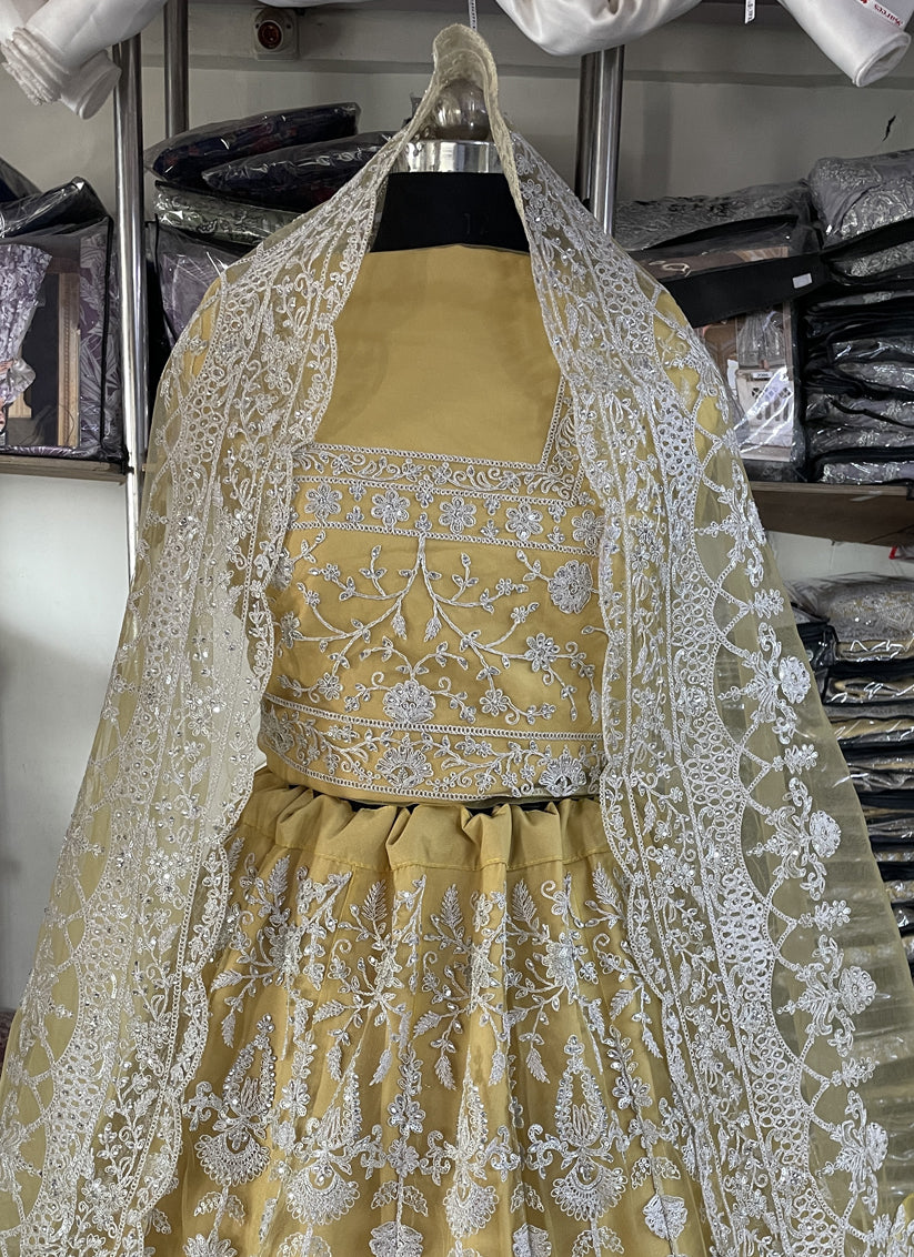 Maize Yellow Net Embroidered Designer Lehenga Choli