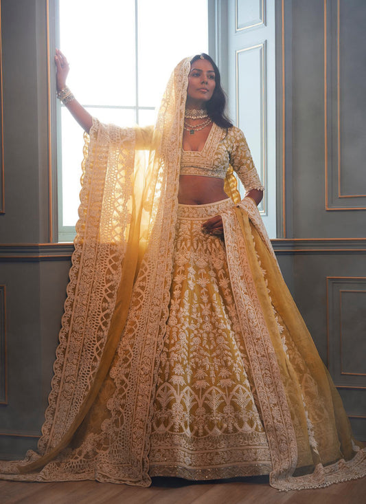 Maize Yellow Net Embroidered Designer Lehenga Choli