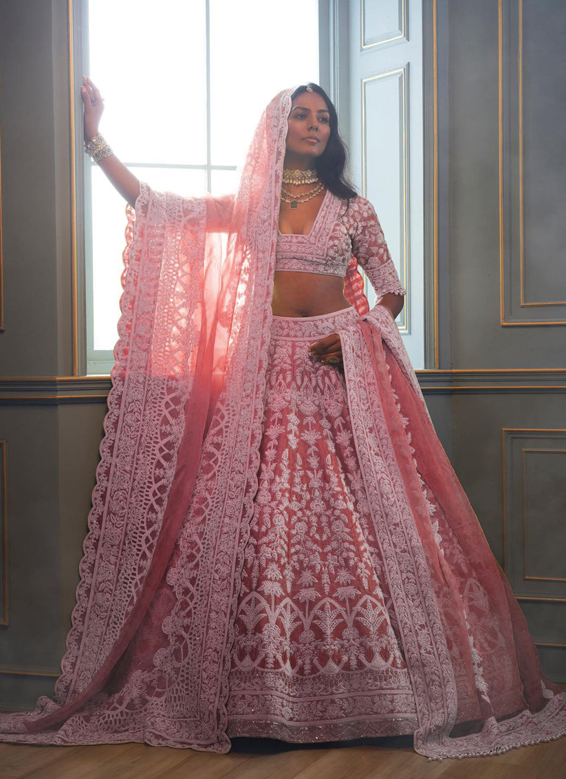 Carnation Pink Net Embroidered Designer Lehenga Choli