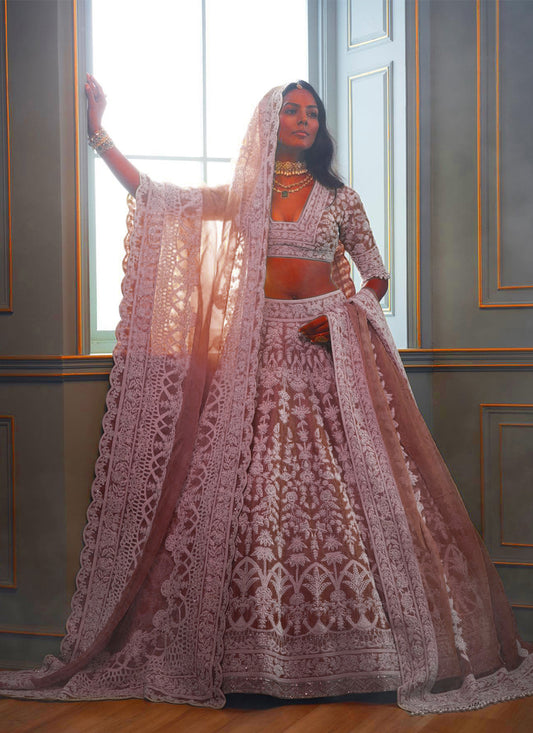 Rose Taupe Net Embroidered Designer Lehenga Choli