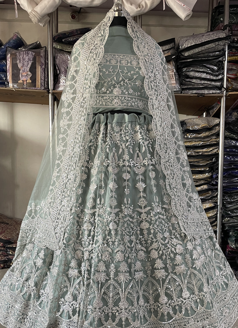 Mint Grey Net Embroidered Designer Lehenga Choli