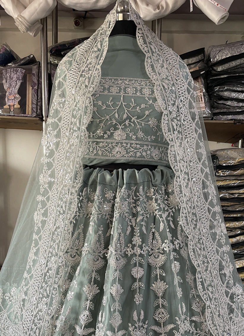 Mint Grey Net Embroidered Designer Lehenga Choli