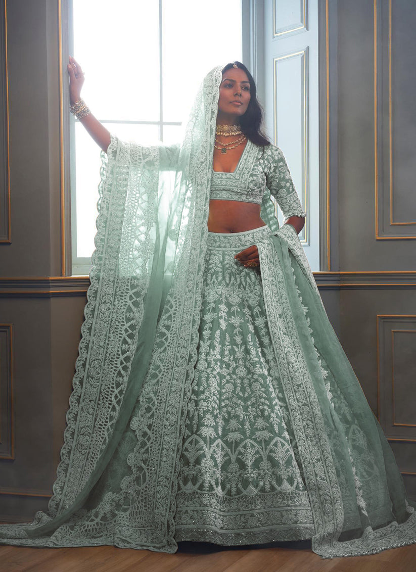 Mint Grey Net Embroidered Designer Lehenga Choli