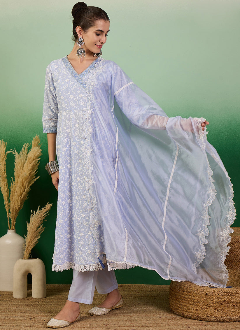 Lavender Cotton Embroidered Readymade Pant Kameez