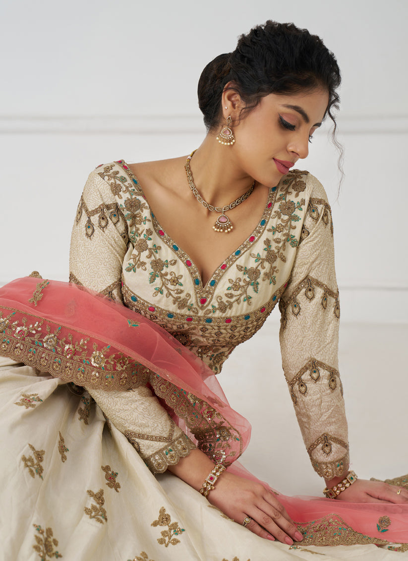 Fascinating Off-White Heavy Embroidered Silk Bridesmaid Lehenga Choli