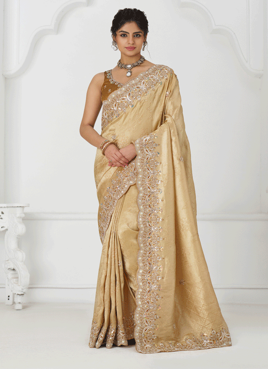 Beige Viscose Silk Sequins Saree Engagement & wedding functions