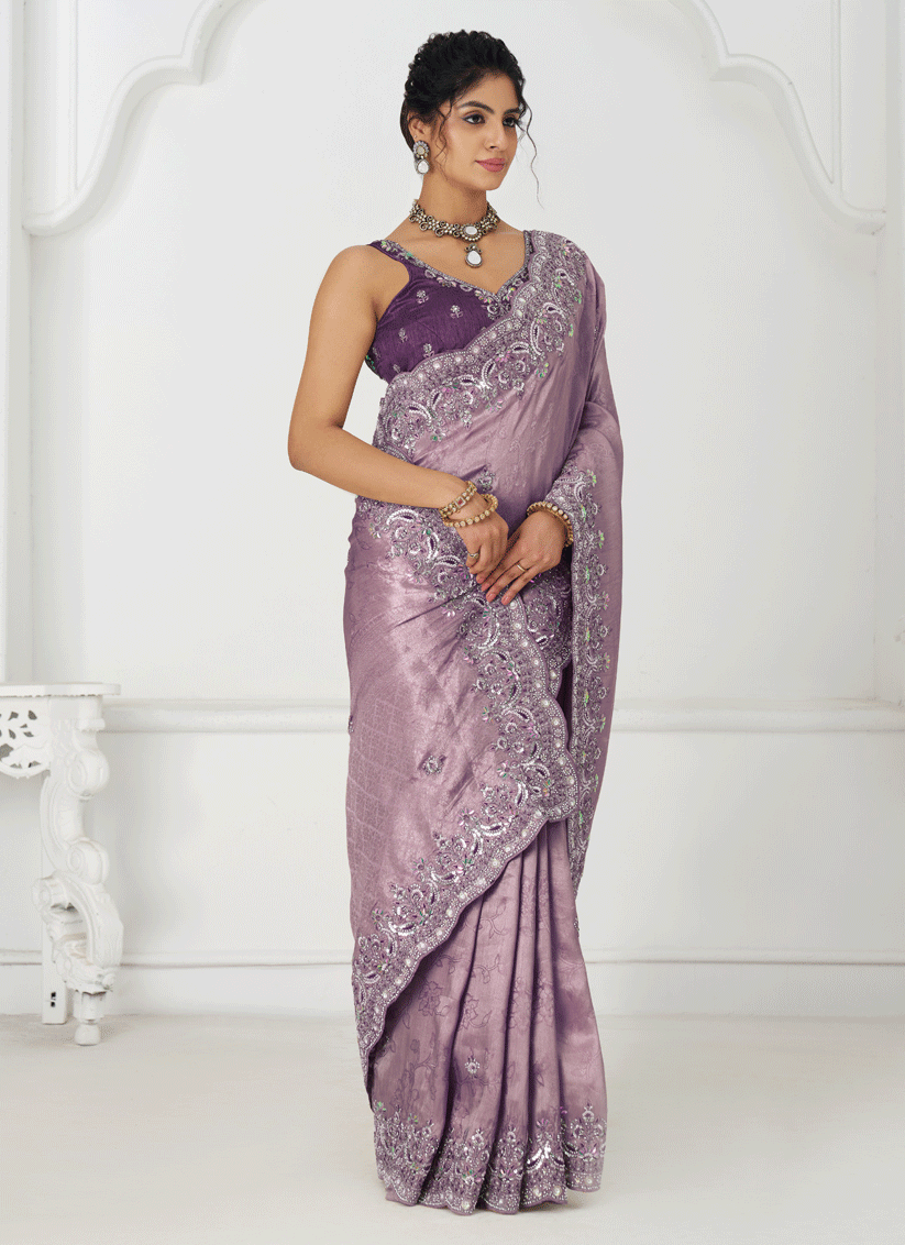 Lavender Viscose Silk Sequins Saree Engagement & wedding functions
