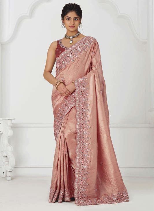 Gorgeous Pink Viscose Silk Sequins Saree Engagement & wedding functions