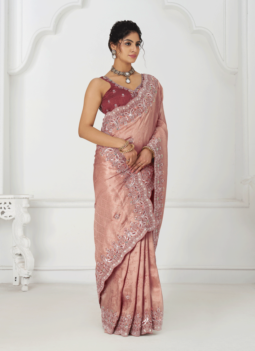 Gorgeous Pink Viscose Silk Sequins Saree Engagement & wedding functions