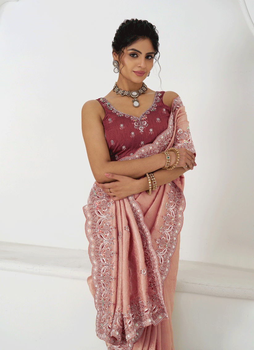 Gorgeous Pink Viscose Silk Sequins Saree Engagement & wedding functions